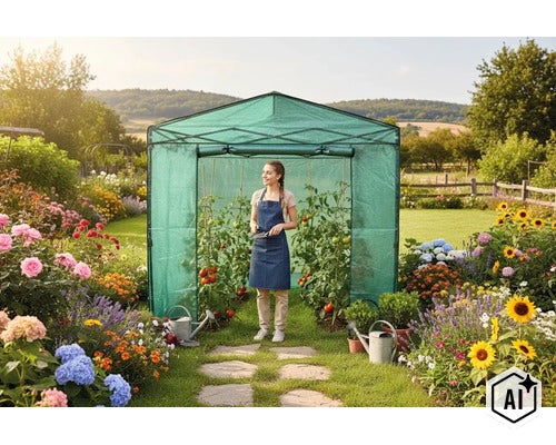 Eine Frau steht in einem Foliengewächshaus in einem blühenden Garten mit Tomatenpflanzen und Gießkannen. (Image AI modified or generated)
