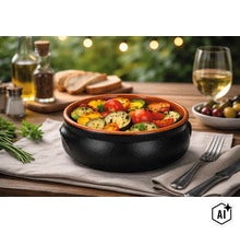 Eine runde schwarze Keramikschale mit gegrilltem Gemüse auf einem rustikalen Holztisch mit Besteck, Oliven und Brot im Hintergrund. (Image AI modified or generated)