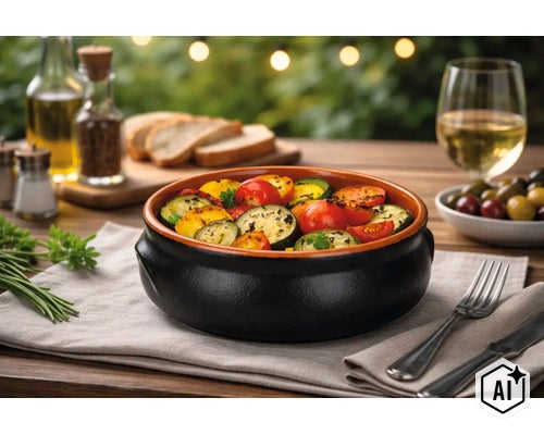 Eine runde schwarze Keramikschale mit gegrilltem Gemüse auf einem rustikalen Holztisch mit Besteck, Oliven und Brot im Hintergrund. (Image AI modified or generated)