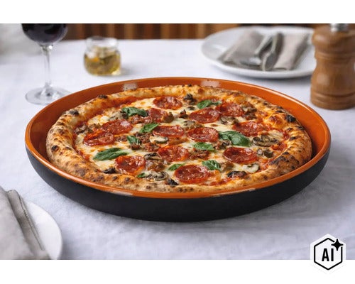 Eine runde Pizzapfanne mit belegter Pizza auf einem gedeckten Tisch. (Image AI modified or generated)