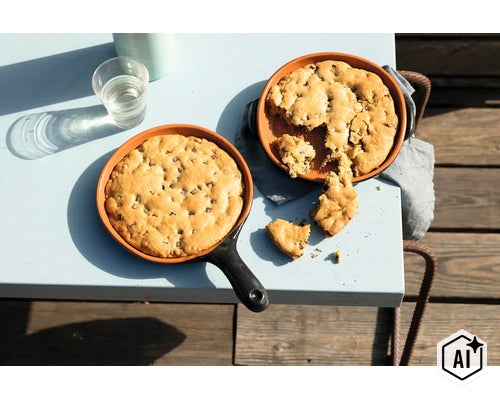 Zwei Pfannen mit frisch gebackenen Cookies auf einem Tisch im Freien. (Image AI modified or generated)