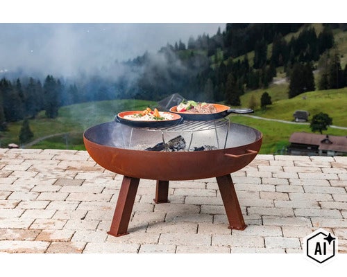 Runde Feuerschale aus Metall mit Grillrost und Kochgeschirr auf einer Terrasse mit Alpenpanorama im Hintergrund. (Image AI modified or generated)