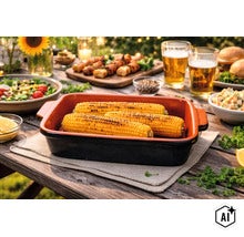 Gegrillte Maiskolben in einer rechteckigen Auflaufform auf einem gedeckten Holztisch beim Grillfest im Freien. (Image AI modified or generated)