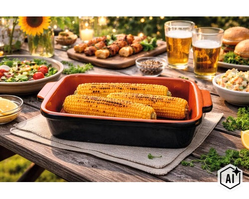 Gegrillte Maiskolben in einer rechteckigen Auflaufform auf einem gedeckten Holztisch beim Grillfest im Freien. (Image AI modified or generated)