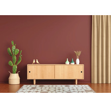 Wohnzimmer mit hellem Holz Sideboard vor einer Wand, dekoriert mit Kaktee, kleinen Vogelstatuen, Vasen und einem Teppich.