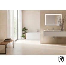 Modernes Badezimmer mit Badewanne, wandhängendem Waschtisch, LED Spiegel, Holzbank und hellen Fliesen in einer hellen und geräumigen Atmosphäre. (Image AI modified or generated)