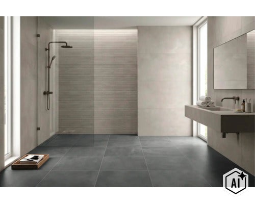 Modernes Badezimmer mit großen grauen Fliesen, offener Dusche und einem wandhängenden Waschbecken, helles und minimalistisches Design. (Image AI modified or generated)