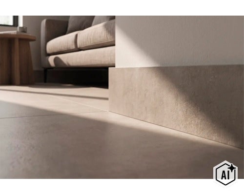 Wohnraum mit verlegten Fliesen und passender Sockelleiste in Steinoptik an der Wand, moderner Einrichtungsstil mit Sofa im Hintergrund (Image AI modified or generated)