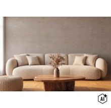 Wohnzimmer mit beigem Sofa und Couchtisch aus Holz vor einer Wand mit großformatigen Fliesen im Ziegelstein Design (Image AI modified or generated)