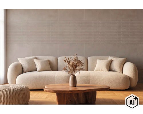 Wohnzimmer mit beigem Sofa und Couchtisch aus Holz vor einer Wand mit großformatigen Fliesen im Ziegelstein Design (Image AI modified or generated)
