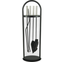 Set de serviteur de cheminée en métal avec quatre outils dans un support rond avec design en grille