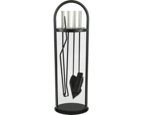 Set de serviteur de cheminée en métal avec quatre outils dans un support rond avec design en grille