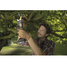 Un jardinier coupe une branche avec un sécateur sans fil Worx Nitro dans un jardin.
