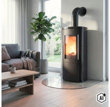 Poêle à bois moderne avec vitre et feu ardent dans le salon, installé sur une plaque de sol ronde en verre devant une baie vitrée. (Image AI modified or generated)