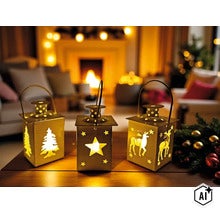 Trois lanternes de Noël carrées en métal avec des motifs découpés en forme de sapin, d etoile et de renne sur une table en bois devant une cheminee. (Image AI modified or generated)