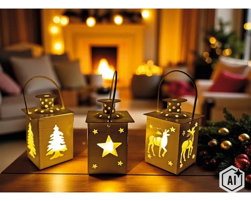 Trois lanternes de Noël carrées en métal avec des motifs découpés en forme de sapin, d etoile et de renne sur une table en bois devant une cheminee. (Image AI modified or generated)