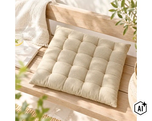 Coussin de siège carré matelassé posé sur un banc de jardin en bois. (Image AI modified or generated)