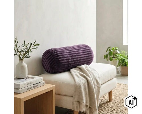 Coussin rond côtelé sur un banc avec une couverture dans un salon (Image AI modified or generated)
