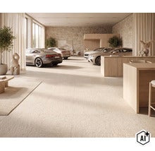 Showroom spacieux avec dalles en pierre naturelle grand format, un mur en pierre sèche et des meubles en bois de qualité dans une ambiance moderne. (Image AI modified or generated)