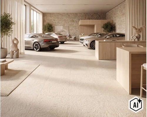Showroom spacieux avec dalles en pierre naturelle grand format, un mur en pierre sèche et des meubles en bois de qualité dans une ambiance moderne. (Image AI modified or generated)