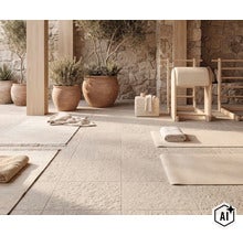 Terrasse avec carrelage imitation pierre naturelle, plantes en terre cuite et équipements de sport dans un environnement lumineux et méditatif. (Image AI modified or generated)