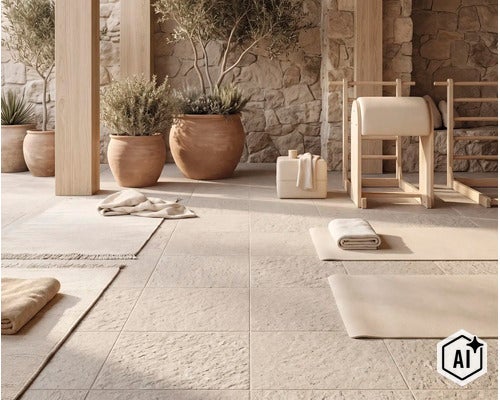 Terrasse avec carrelage imitation pierre naturelle, plantes en terre cuite et équipements de sport dans un environnement lumineux et méditatif. (Image AI modified or generated)