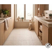 Salle de bains moderne avec carrelage clair, meubles de salle de bains en bois, double vasque et grandes fenêtres pour une ambiance naturelle. (Image AI modified or generated)