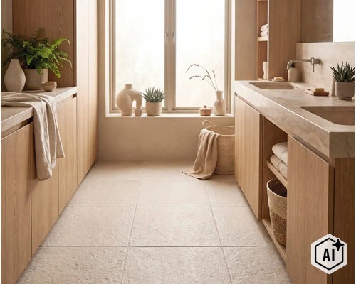 Salle de bains moderne avec carrelage clair, meubles de salle de bains en bois, double vasque et grandes fenêtres pour une ambiance naturelle. (Image AI modified or generated)