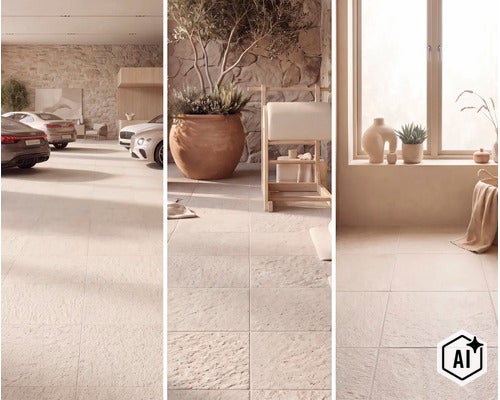 Trois vues de carrelage au sol imitation pierre dans divers espaces intérieurs tels qu un garage, un patio et un salon. (Image AI modified or generated)