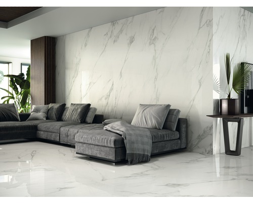 Salon lumineux avec canapé gris, plantes d''intérieur et carrelage mural et de sol imitation marbre.