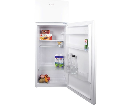 Réfrigérateur blanc ouvert avec des aliments