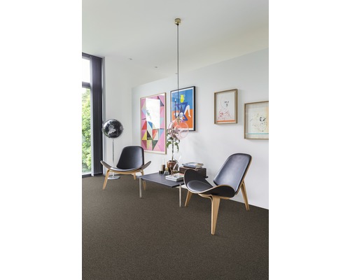 Salon avec moquette, deux chaises et œuvres d''art au mur.