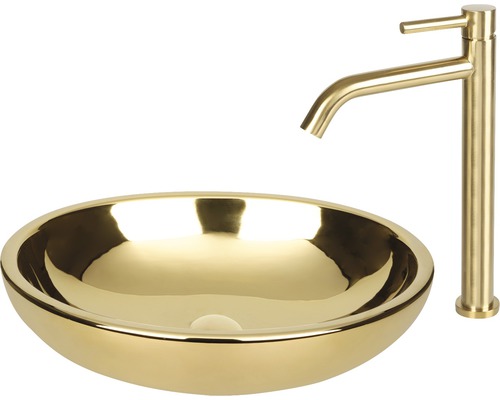 Vasque à poser de couleur or avec robinet