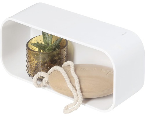 Étagère murale blanche avec plante dans un verre et savon sur corde