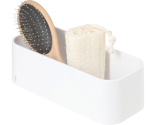 Étagère de salle de bain avec brosse à cheveux et éponge luffa