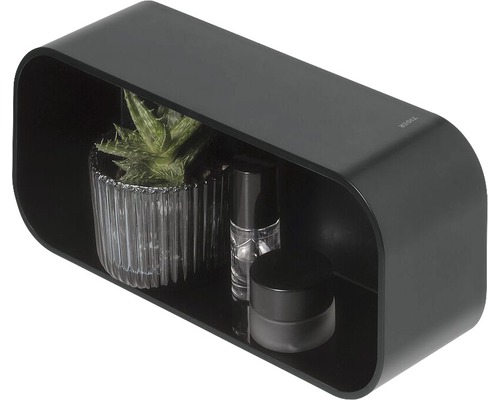 Étagère murale noire avec plante d''intérieur et produits cosmétiques