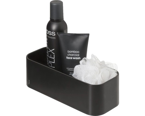 Étagère de douche noire avec gel douche et gant de toilette