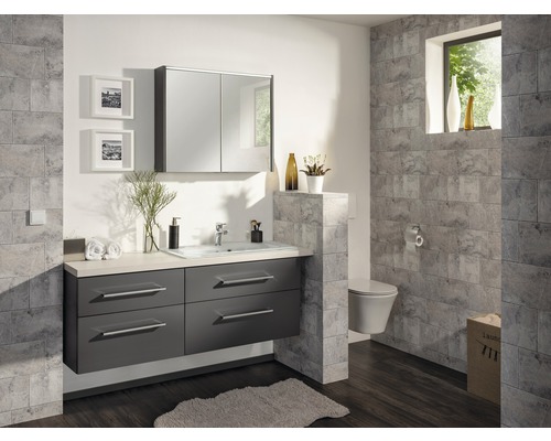 Salle de bain moderne avec meuble-lavabo, armoire de toilette, toilettes et éléments décoratifs