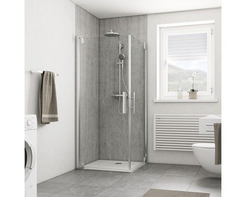 Panneau mural de douche BREUER - béton 210 x 100 cm 9482507000202 Salle de bains avec cabine de douche, lave-linge, WC et fenêtre