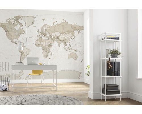 Bureau avec bureau, étagère et carte du monde au mur