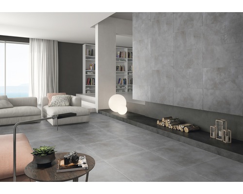 Salon lumineux avec carrelage gris, canapé, bibliothèques et bois de cheminée