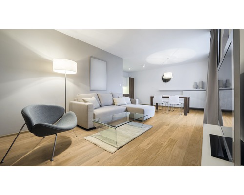 Salon lumineux avec canapé, fauteuil, lampadaire et table à manger