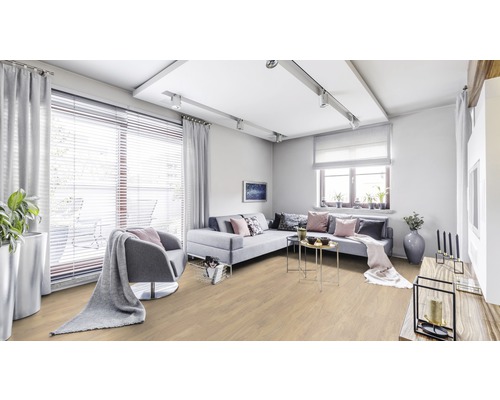 Salon lumineux avec canapé, fauteuil, fenêtres et plancher en bois