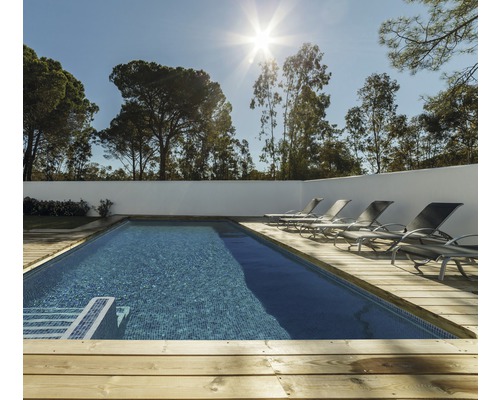 Aussenpool mit Holzdeck und Liegestühlen vor Bäumen
