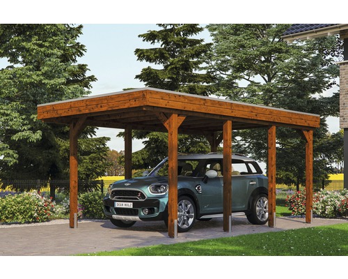 Carport simple SKAN HOLZ Friesland avec panneaux de toiture en aluminium et ancrage pour poteaux en H 314 x 555 cm noyer