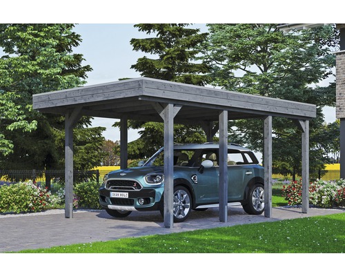 Carport simple SKAN HOLZ Friesland avec panneaux de toiture en aluminium et ancrage pour poteaux en H 314 x 555 cm gris
