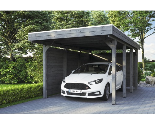 Carport simple SKAN HOLZ Friesland Set 1 avec panneaux de toiture en aluminium, paroi latérale et arrière, ancrage pour poteaux H 314 x 555 cm gris