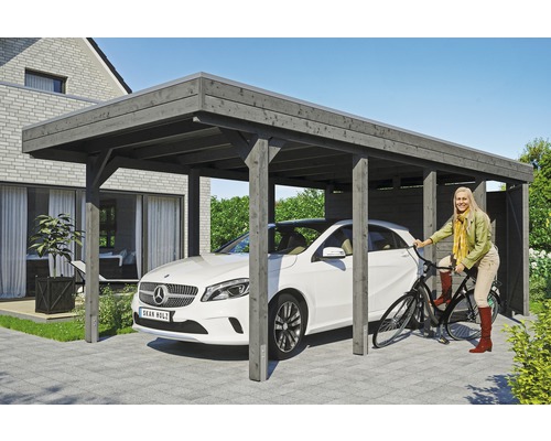 Carport simple SKAN HOLZ Friesland Set 2 avec panneaux de toiture en aluminium, espace outils, ancrage pour poteaux H 314 x 708 cm gris