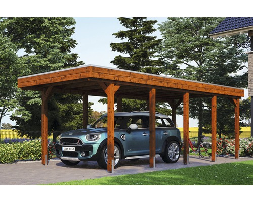 Carport simple SKAN HOLZ Friesland avec film d'étanchéité pour toiture en EPDM et ancrage pour poteaux en H 314 x 708 cm noyer