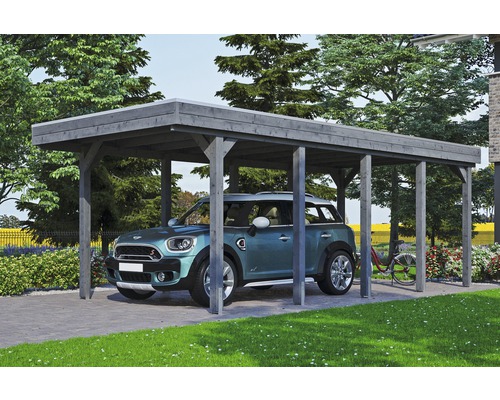 Carport simple SKAN HOLZ Friesland avec panneaux de toiture en aluminium et ancrage pour poteaux en H 314 x 708 cm gris